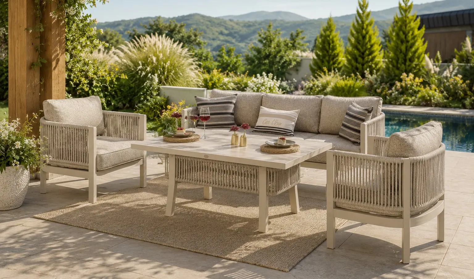 Outdoor lounge furniture in a garden setting